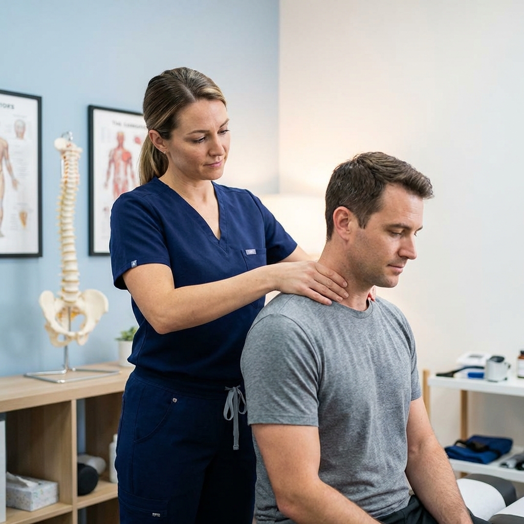 Chiropraktik vyšetruje chrbticu pacienta v modernej ambulancii